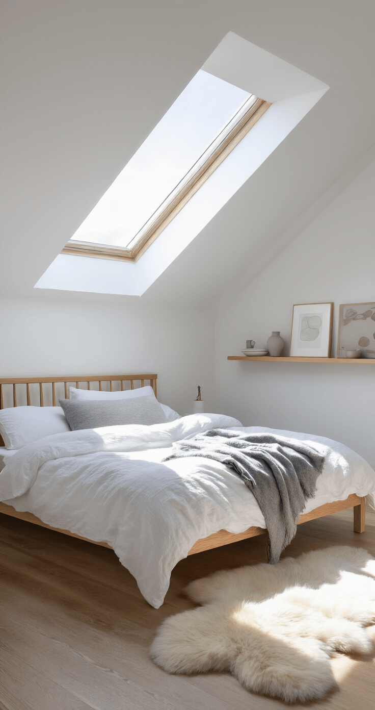 Scandinavian-inspired white bedroom with pitched ceiling, featuring morning light through a skylight, a simple wooden bed with white linen bedding, grey wool throw, and a single lumbar pillow, alongside floating white oak shelves displaying minimal artwork and ceramics, and a sheepskin rug, captured from the doorway in a wide angle.