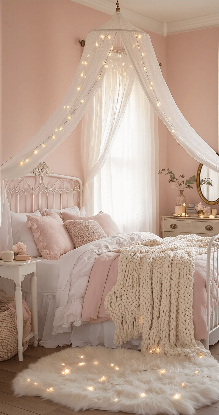 A sunlit bedroom with soft pink walls, featuring a white iron queen bed adorned with blush linens and a cream knit throw, under a gauzy canopy with cascading fairy lights. The space is anchored by a plush white rug and a vintage brass vanity with rose quartz accessories, all illuminated by natural light and warm string lights for a dreamy ambiance.