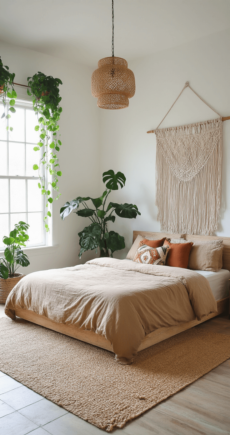 A wide-angle view of a bohemian-style corner bedroom featuring a macramé headboard, low platform bed with earth-toned linens, and vintage Moroccan pillows, framed by trailing pothos and monstera plants near tall windows, all illuminated by soft diffused daylight.