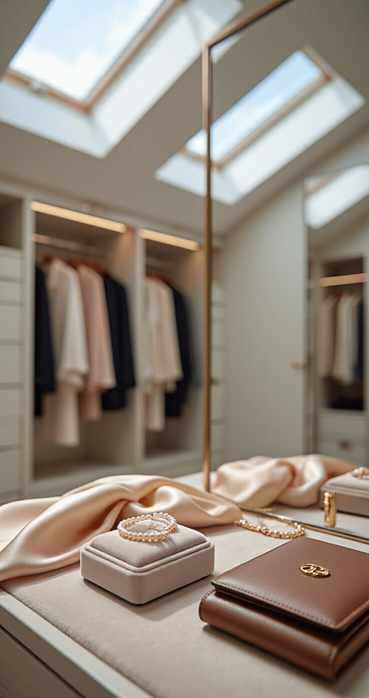 Modern dressing room featuring floor-to-ceiling mirrors illuminated by morning light. Close-up of a velvet ring dish with pearl stud earrings, a silk Hermès scarf in neutral tones, a gold vermeil bracelet, and a classic leather agenda, with a softly blurred, organized, color-coordinated closet in the background.
