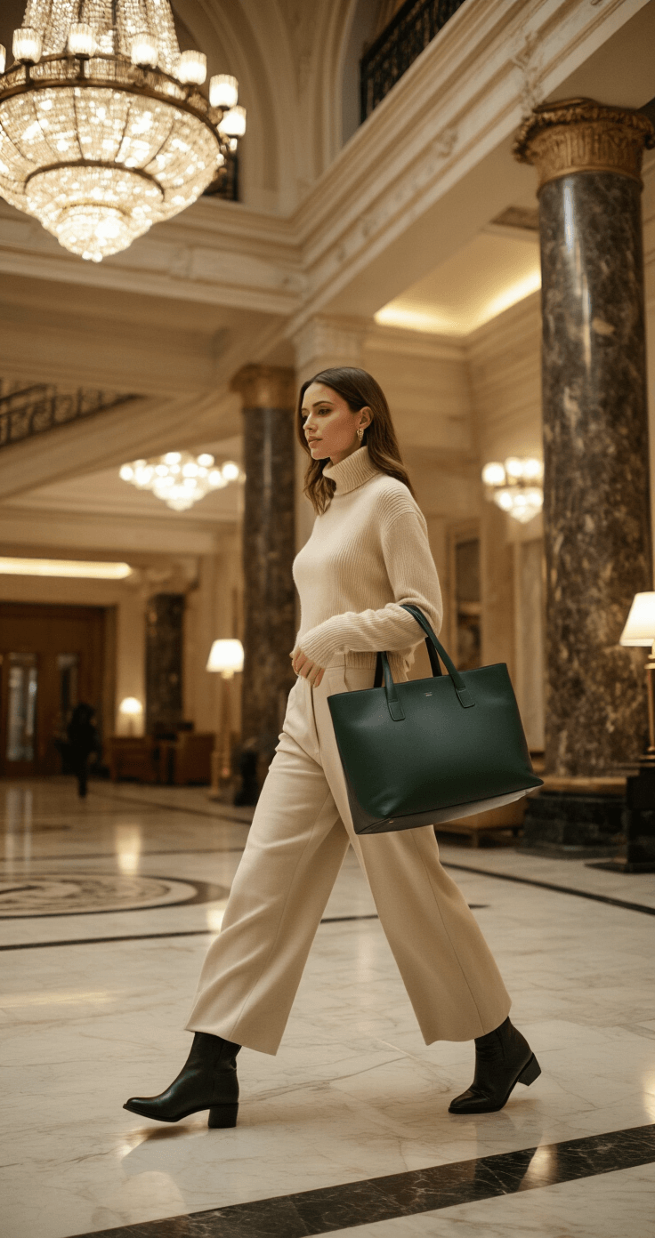 A woman in a cream cashmere turtleneck and high-waisted wool trousers walks through a luxurious hotel lobby with marble floors and art deco details, carrying a dark green leather tote. The warm lighting enhances the sophisticated ambiance.