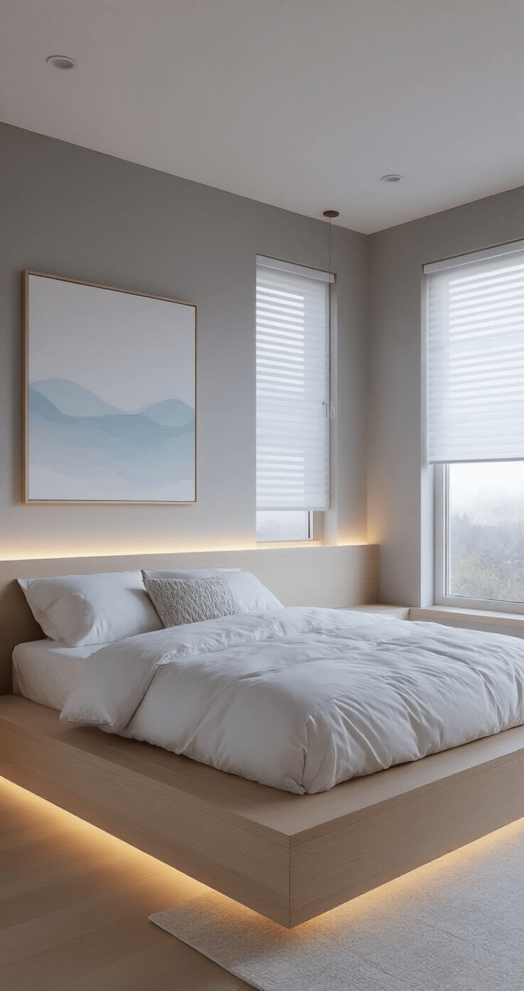 A contemporary 14x16ft bedroom at dawn with pearl gray walls, a floating platform bed in bleached oak, crisp white bedding with geometric patterns, and an oversized abstract canvas in pale blue. Integrated LED cove lighting provides a soft wash effect, while morning light filters through modern roller blinds.
