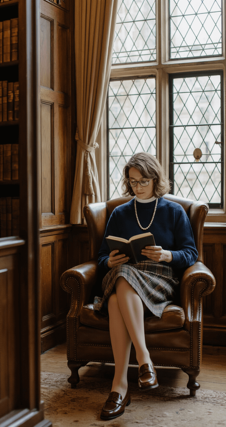 A woman seated in a leather armchair in a historic library, wearing a classic A-line tweed skirt, navy merino wool sweater, and patent leather penny loafers, reads a book; her reading glasses hang from a pearl chain around her neck while afternoon light streams through leaded windows, illuminating the oak paneling and brass details.