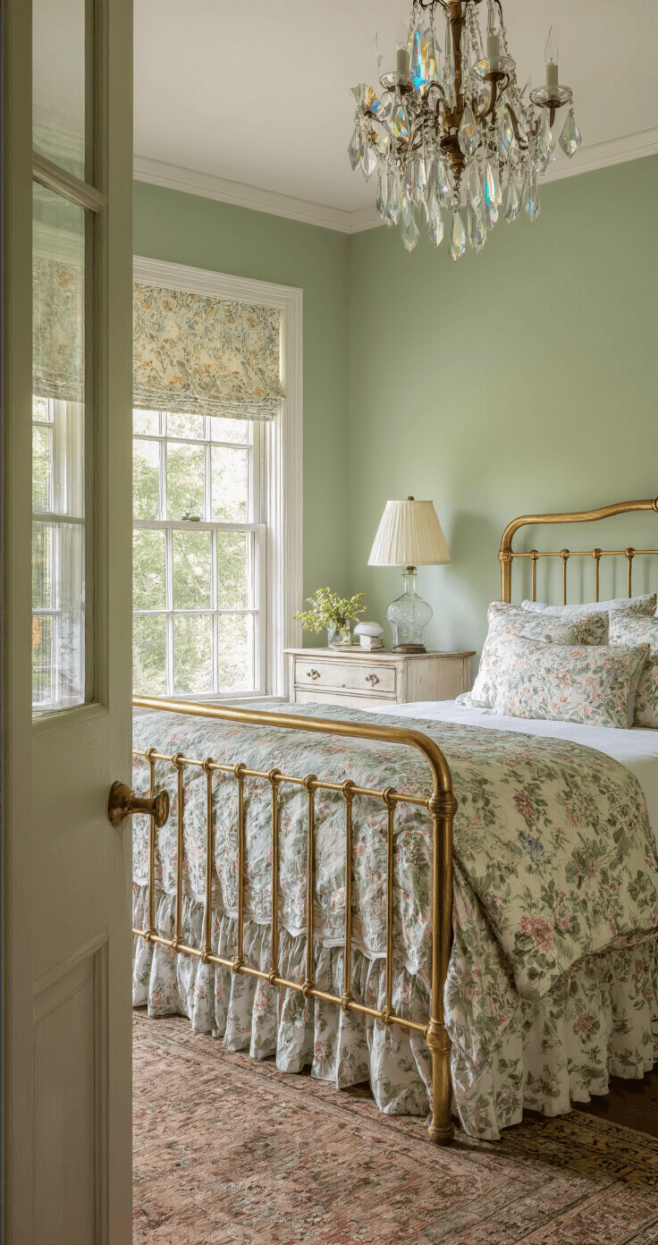 A cozy vintage bedroom with sage green walls, featuring a brass bed draped in floral linens, crystal prisms casting rainbows in the bay window, and a French provincial dresser adorned with milk glass, all illuminated by warm golden hour light.