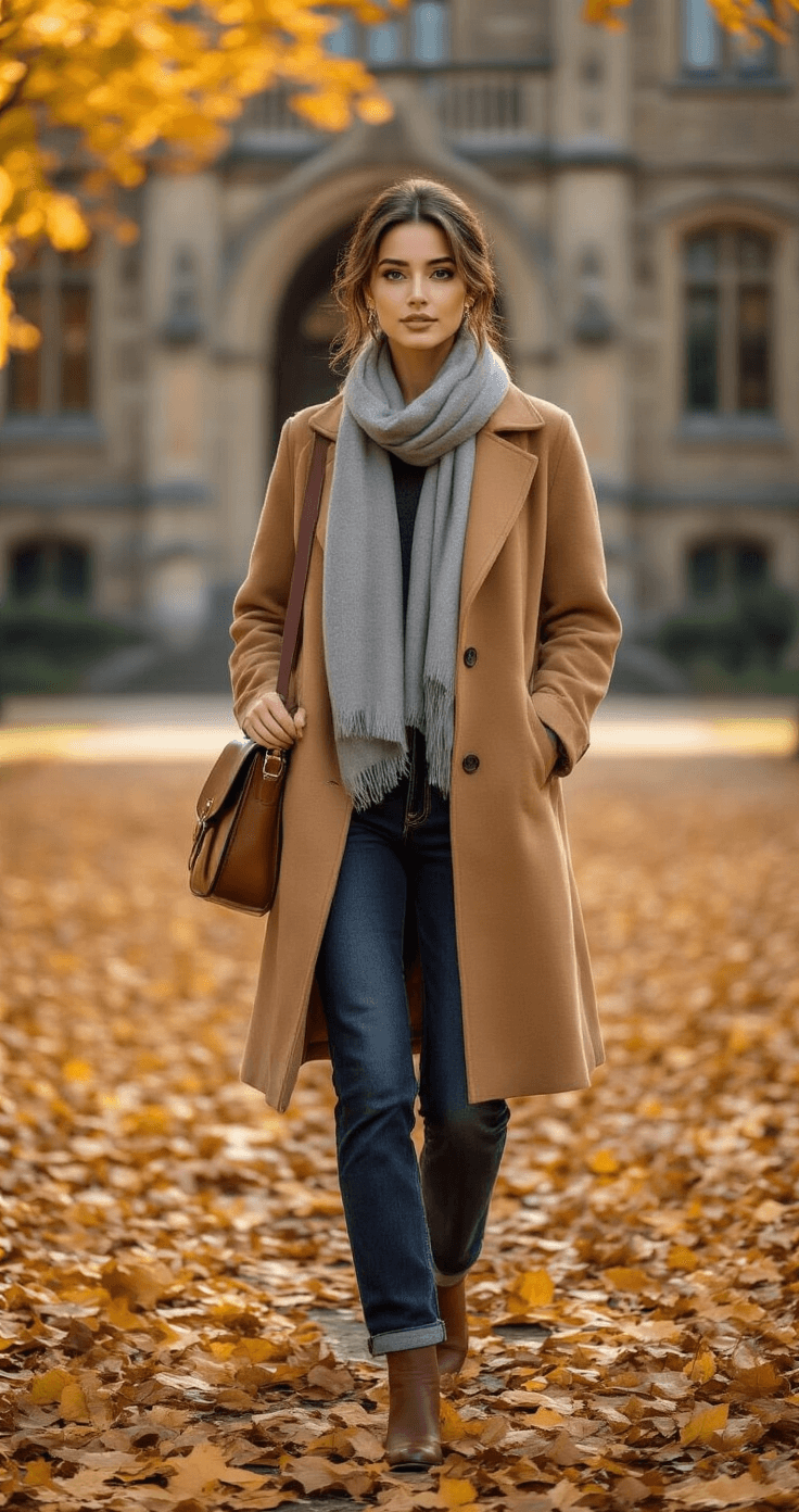 A woman in a camel hair coat and grey cashmere scarf walks through falling autumn leaves outside a prestigious university building, with golden hour lighting highlighting her brown suede riding boots and leather messenger bag, while her hair is styled in an elegant low chignon, captured in a dreamy bokeh.