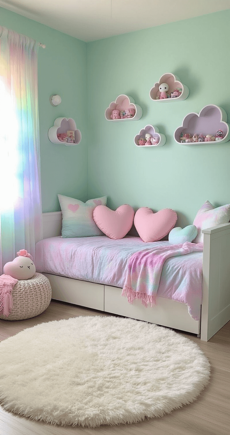 A high-key morning shot of a pastel-themed teenage bedroom featuring mint green and lavender color-blocked walls, a daybed with heart-shaped pillows, cloud-shaped shelves with kawaii collectibles, and iridescent curtains, all illuminated by bright natural light.