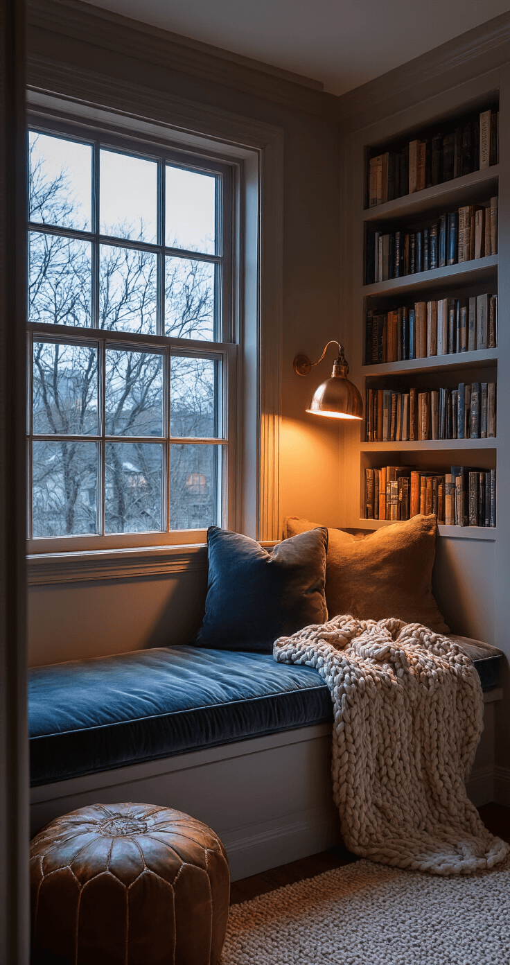 Cozy bedroom nook featuring a velvet cushioned window seat, built-in bookshelves filled with books, a warm copper reading lamp, a weathered leather pouffe, and chunky cable-knit throws, all illuminated by a mix of blue hour and warm artificial light.