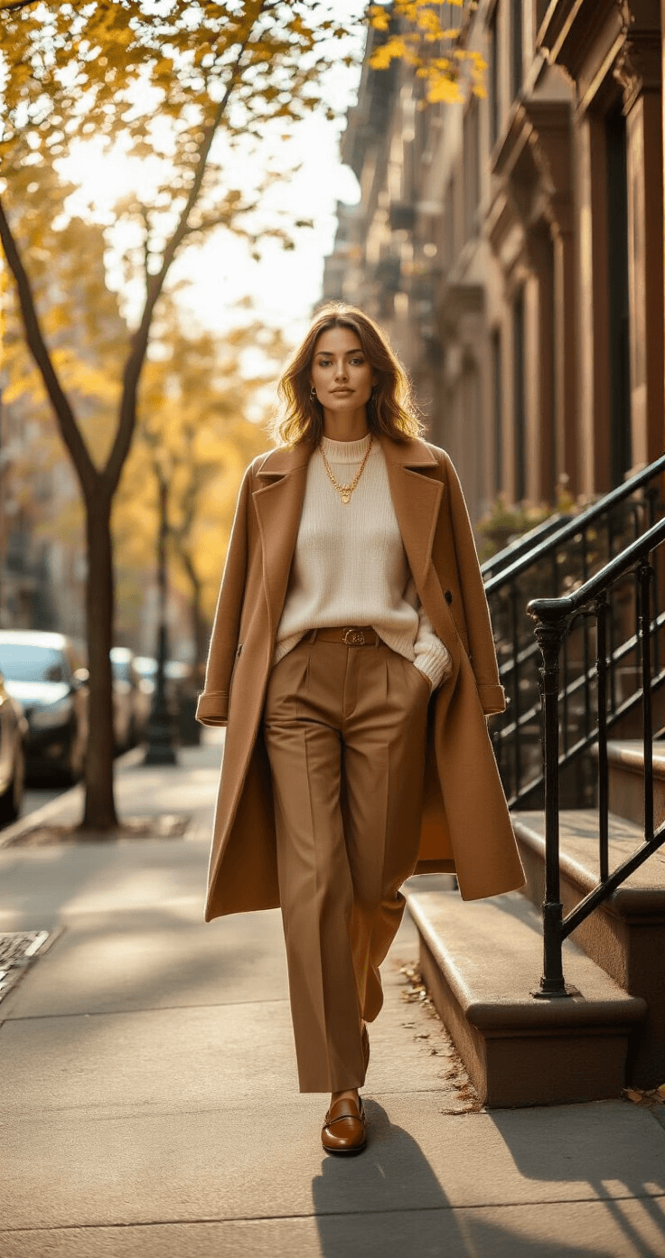 A woman in a cream cashmere sweater and high-waisted wool trousers descends a brownstone stoop in Manhattan, her camel coat draped over her shoulders. The scene is illuminated by golden morning light filtering through tree branches, with architectural details and dappled shadows creating a soft bokeh effect in the background.