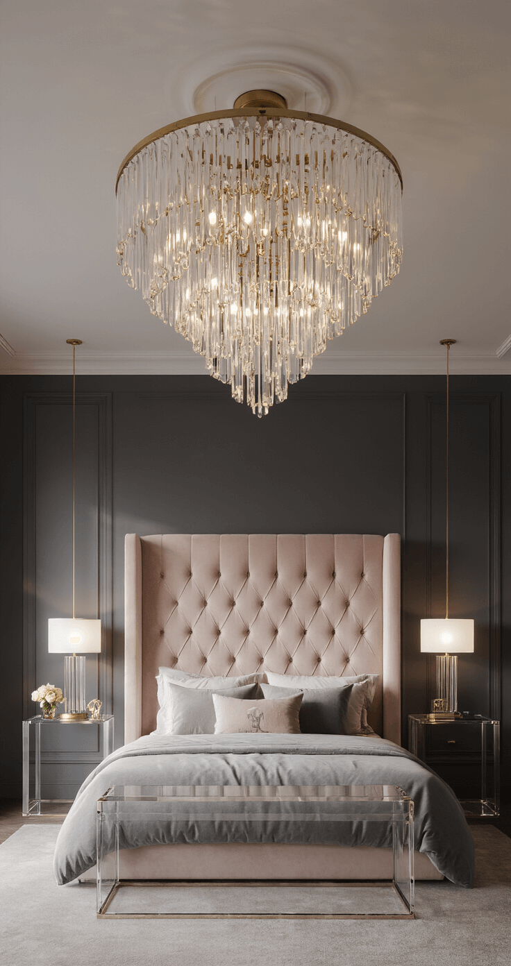 A modern romantic master bedroom featuring a blush and charcoal color scheme, with a pearl velvet channel-tufted headboard anchoring a king-sized bed adorned in layered linens. The elevated shot captures a contemporary crystal chandelier casting dramatic shadows, alongside Lucite side tables and metallic accessories, all illuminated by dramatic dusk lighting and subtle accent lights.