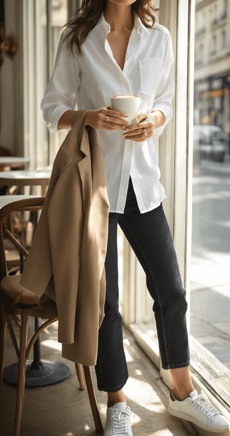 A woman’s silhouette sits near floor-to-ceiling windows in a bright Parisian-style cafe, wearing a white cotton button-down and dark jeans, with a tan blazer on her chair. Her hands hold a cappuccino, and a vintage gold signet ring glimmers in the light, while her Common Projects sneakers are partially visible below.