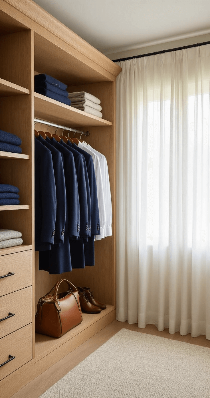 Luxurious walk-in closet featuring natural oak built-ins and organized garments, including navy blazers, white shirts, and neutral knits, illuminated by ambient afternoon light. Textures of leather bags, cotton, and cashmere create an inviting atmosphere, with a navy wool coat prominently displayed.