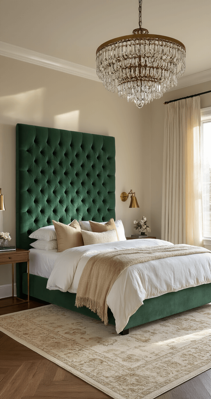 A luxurious master bedroom with a 14-foot tray ceiling, oversized chandelier, emerald velvet tufted headboard, king bed with ivory linens, and warm lighting casting shadows, showcasing a curated gallery wall and Moroccan rug.