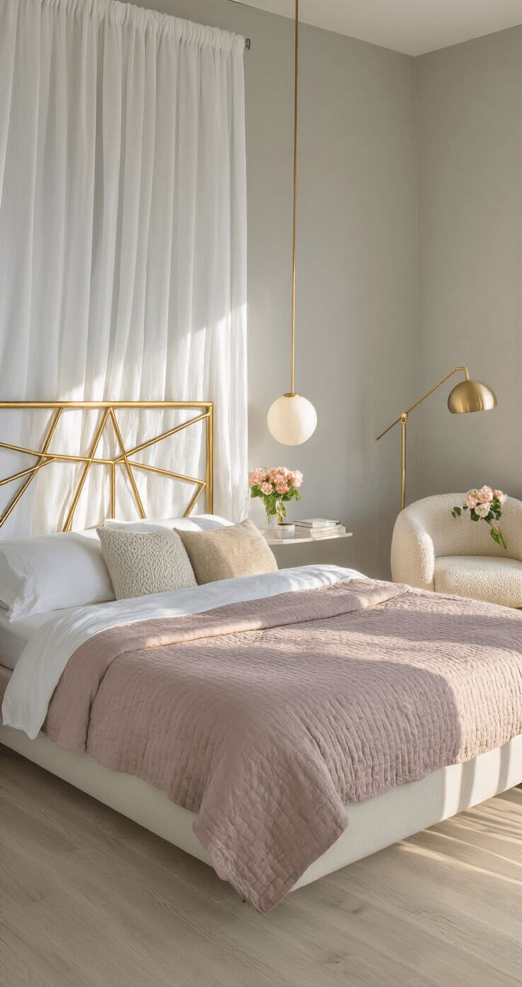 Intimate morning bedroom scene with sunlight streaming through sheer white curtains onto a contemporary platform bed adorned with rumpled white linen sheets and a dusty rose quilted coverlet, complemented by textured pillows. Sleek marble-based table lamps atop floating nightstands illuminate the space, featuring light oak flooring and pale gray walls. A cream bouclé accent chair, brass floor lamp, and side table with fresh peonies complete the serene atmosphere.