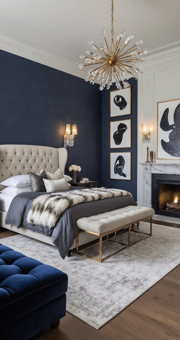 Wide-angle shot of an elegant bedroom featuring navy grasscloth wallpaper, 12-foot ceilings, a pearl gray wingback headboard, charcoal linen bedding, crystal sconces, a sputnik chandelier, floor-to-ceiling mirrors, a marble fireplace, and a midnight blue velvet chaise, complemented by gold-framed abstract art.