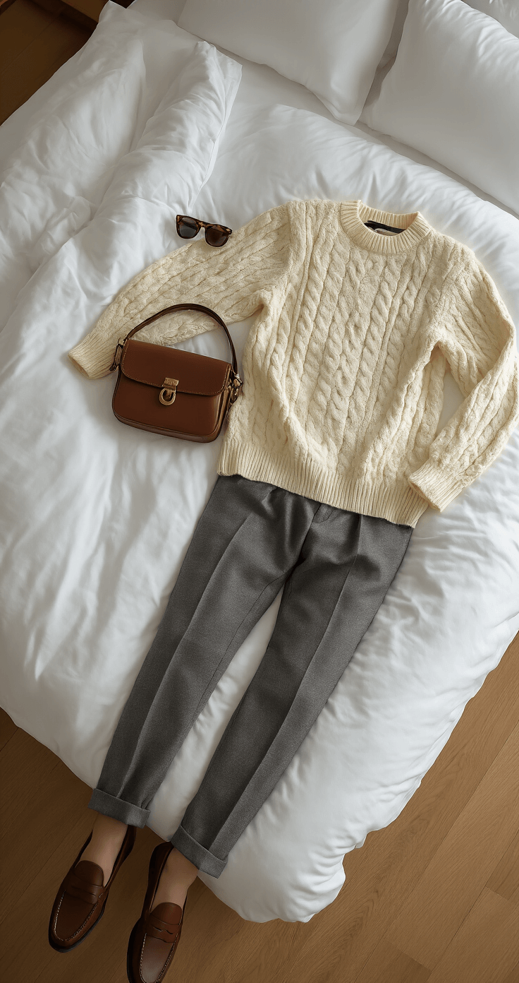 A serene modern minimalist bedroom with early morning diffused light, featuring a cream cable-knit sweater and tailored gray wool trousers laid on pressed white linen sheets, alongside tortoiseshell sunglasses and a leather top-handle bag, with classic penny loafers on oak flooring, captured from an overhead angle.