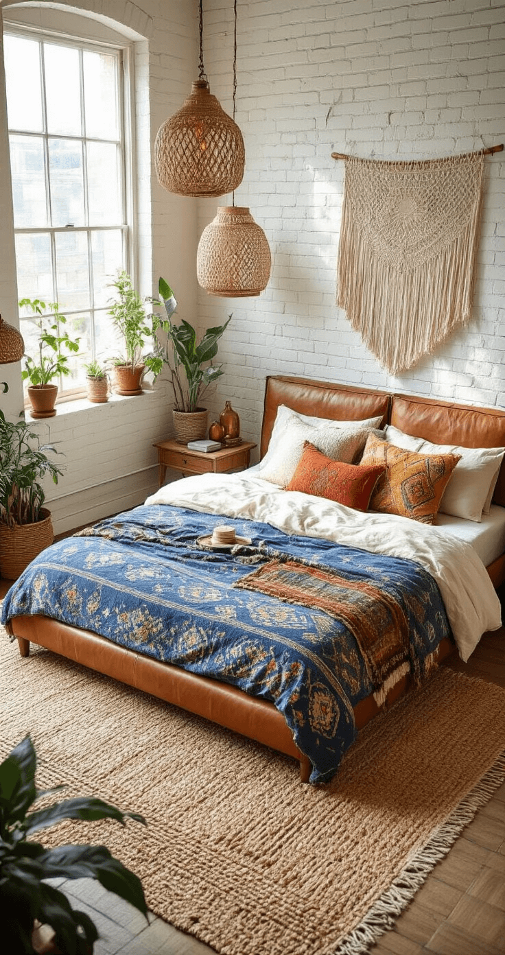 A bohemian bedroom viewed from above, featuring a leather-wrapped platform bed with vibrant layered textiles, white exposed brick walls, macramé hangings, potted plants, a jute rug, and warm brass and amber glass decor, all illuminated by afternoon light.
