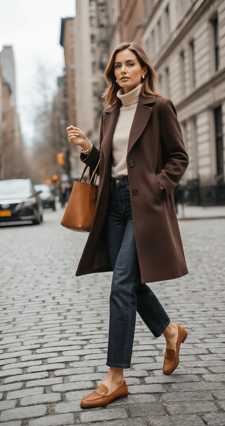 A stylish woman crosses a cobblestone street at an Upper East Side corner on an overcast afternoon, wearing a chocolate brown wool coat, cream turtleneck, and dark denim, with camel suede loafers. She accessorizes with a subtle tennis bracelet and small pearl earrings, holding a structured leather tote that exemplifies quiet luxury, framed by the leading lines of nearby architecture.