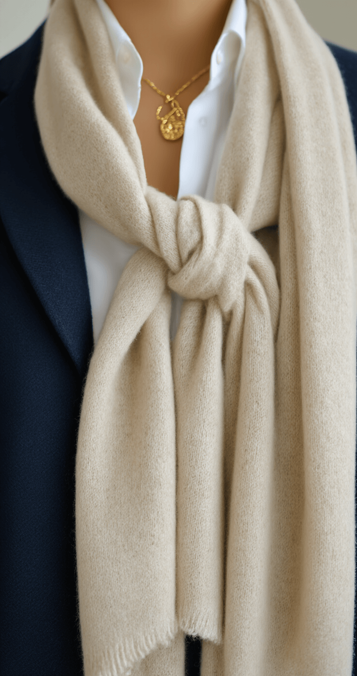 Close-up of a cozy downtown loft featuring a beige cashmere scarf draped over a navy wool blazer, with a white cotton shirt collar peeking out. A vintage gold pendant necklace adds a touch of sparkle, beautifully highlighting the textures and quality of the materials.