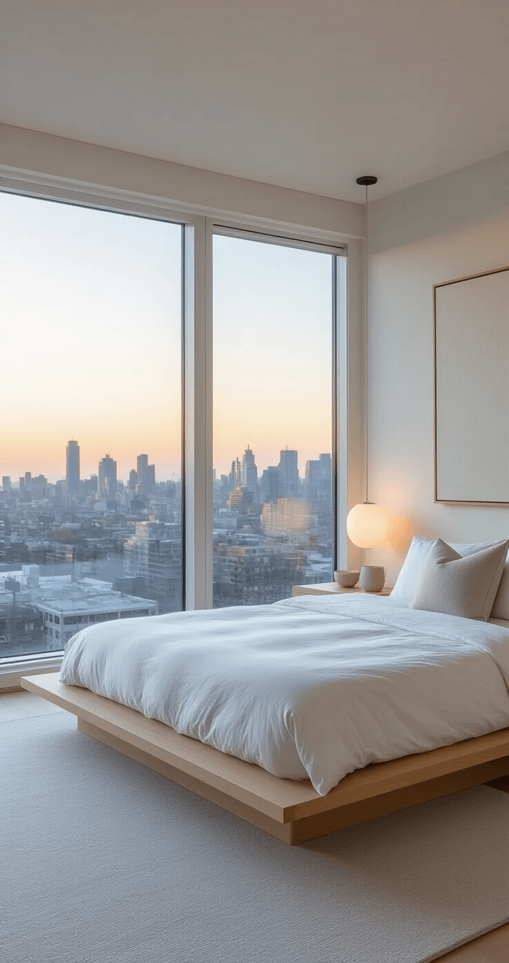 Minimalist bedroom at dawn featuring floor-to-ceiling windows with city views, a low-profile Japanese-inspired bed with white linens and a natural linen pillow, floating pale wood bedside tables with ceramic lamps, a light gray wool carpet, and a large abstract canvas in whites and grays.