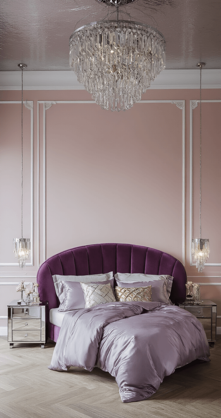 Glamorous art deco-inspired bedroom at twilight featuring blush pink walls, a metallic silver ceiling, a deep amethyst velvet headboard, mirrored nightstands, crystal table lamps, pearl gray silk sheets, a soft lavender quilted duvet, and geometric accent pillows in silver and gold, illuminated by a vintage crystal chandelier and a chrome floor lamp.