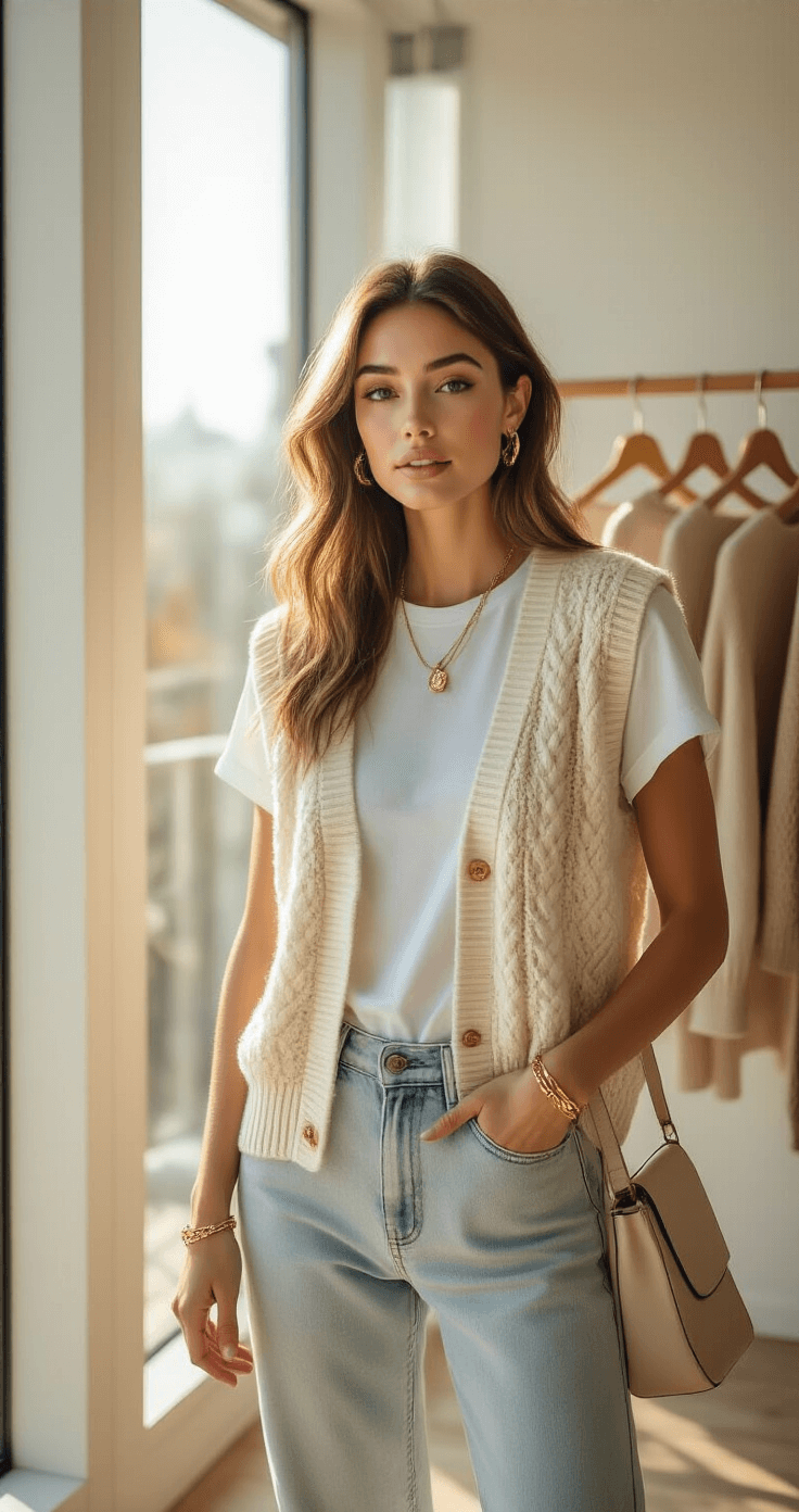 A fashion influencer in a sunlit minimalist studio apartment styles a cream cable-knit sleeveless vest over a white t-shirt, paired with light wash mom jeans, accessorized with chunky gold jewelry and a beige leather shoulder bag, all captured from an elevated angle.