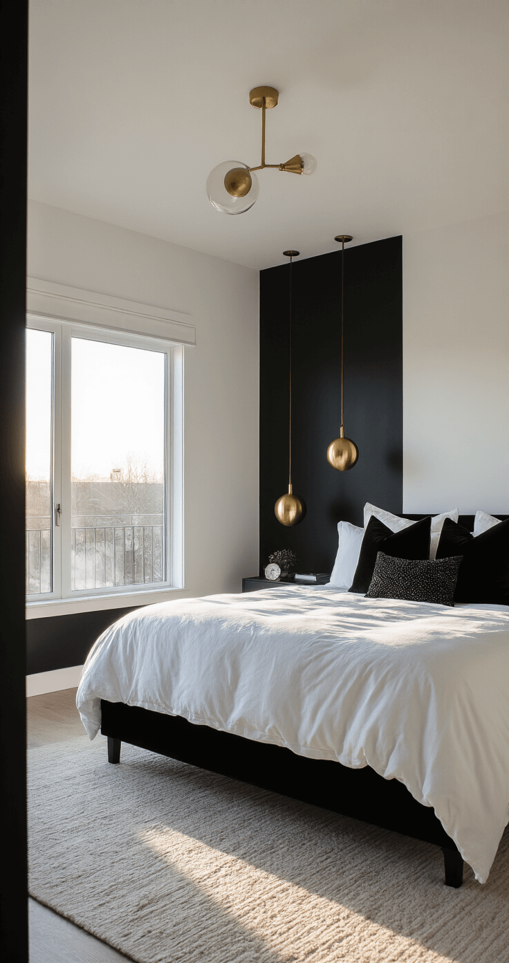 A modern 14x16ft bedroom with dramatic black accent wall and cloud-white walls, featuring a king-size bed with white linens and black velvet pillows, illuminated by golden hour sunlight through floor-to-ceiling windows, captured from a low corner angle to highlight ceiling height and minimalist design elements.