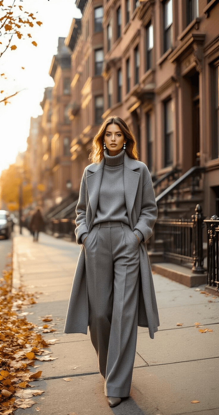 A model in a grey cashmere turtleneck, wool wide-leg trousers, and a textured grey overcoat stands at an urban street corner during golden hour, with historic brownstone buildings in the background. Pearl drop earrings glimmer in the warm light as autumn leaves scatter the sidewalk, embodying city energy and natural movement.
