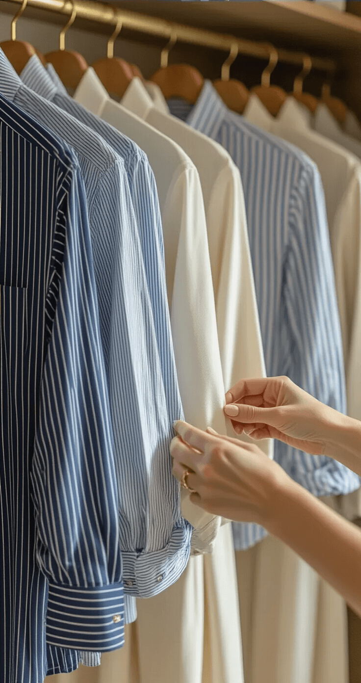 Bright, airy walk-in closet featuring organized clothing racks; a close-up of hands styling striped button-downs in blues and whites, paired with oversized cotton shirts over cream wide-leg trousers, accented by crystal doorknobs and brass hardware, all illuminated by natural midday light creating crisp shadows.