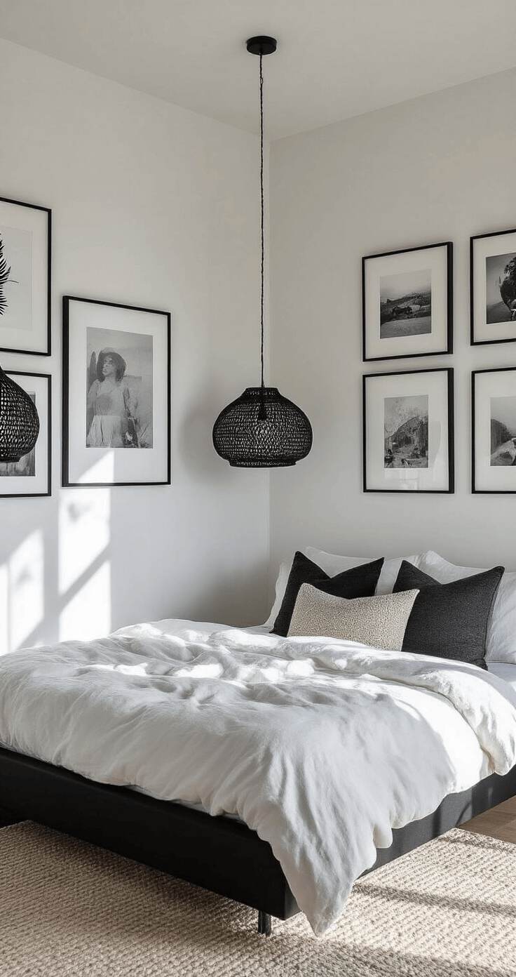 A contemporary bedroom featuring stark white walls with a gallery wall of black-framed vintage photographs and abstract prints. The matte black platform bed is dressed in cloud-white bedding and various grayscale throw pillows. Woven black pendant lights create intricate shadows, illuminated by natural daylight and soft fill lighting in a symmetrical front-facing view.