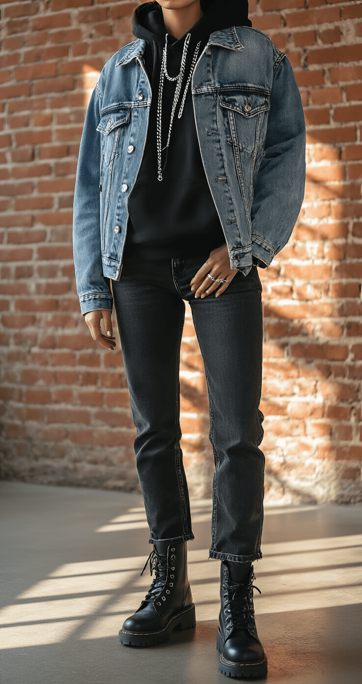 A person in a double denim outfit stands in an industrial-chic loft with exposed brick walls, late afternoon light casting dramatic shadows. They wear an oversized vintage wash jean jacket over black high-rise straight-leg jeans, with a black hoodie underneath, chunky silver chains, combat boots, and a distressed leather crossbody bag. The shot is taken from a low angle to highlight the outfit's proportions.
