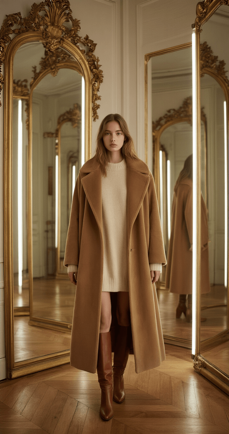 A model in a luxurious boutique tries on a camel wool maxi coat over a cream cashmere sweater dress, paired with cognac brown knee-high leather boots. The space features parquet flooring and antique mirrors that reflect the coat's dramatic silhouette in soft ambient lighting.