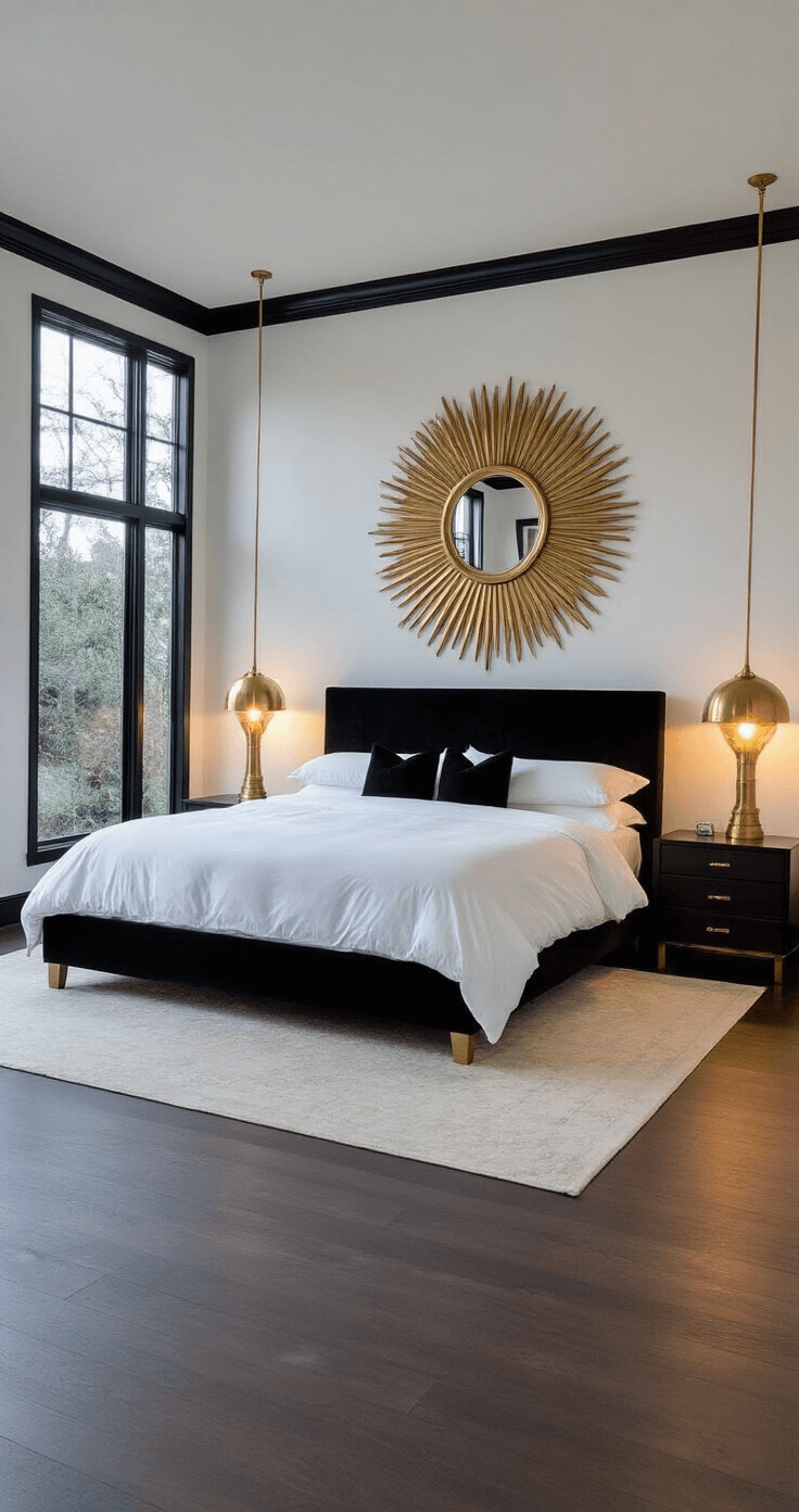 Sophisticated master bedroom with tuxedo black trim and white walls at dusk, featuring an oversized brass sunburst mirror, a California king bed with white Egyptian cotton sheets and a black velvet headboard, and sculptural brass floor lamps creating warm lighting, captured from an elevated position to highlight the room's layout and metallic accents.
