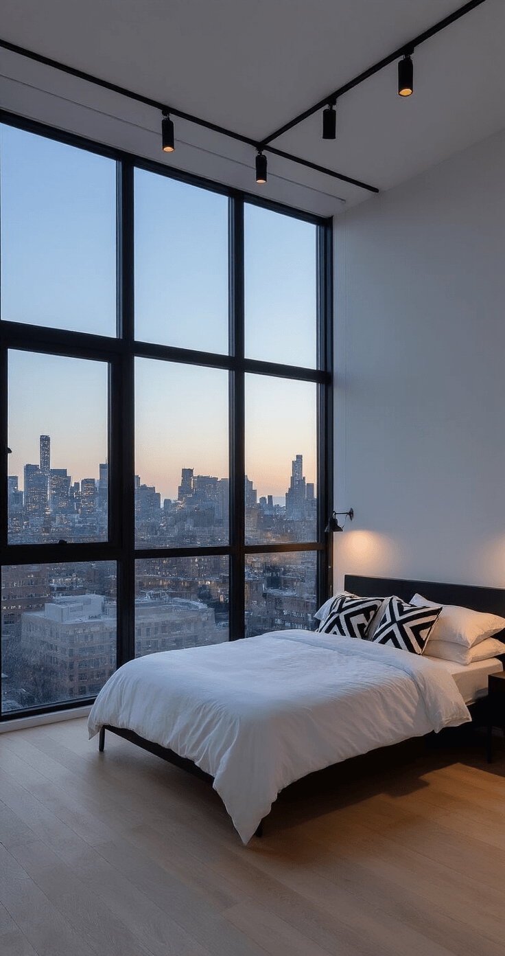 Urban bedroom featuring floor-to-ceiling black steel windows showcasing city views at twilight, with white oak flooring and minimalist black accent furniture. A white linen bed with geometric black throw pillows is centered under modern black track lighting, highlighting the mixed lighting from the city glow and interior spots.