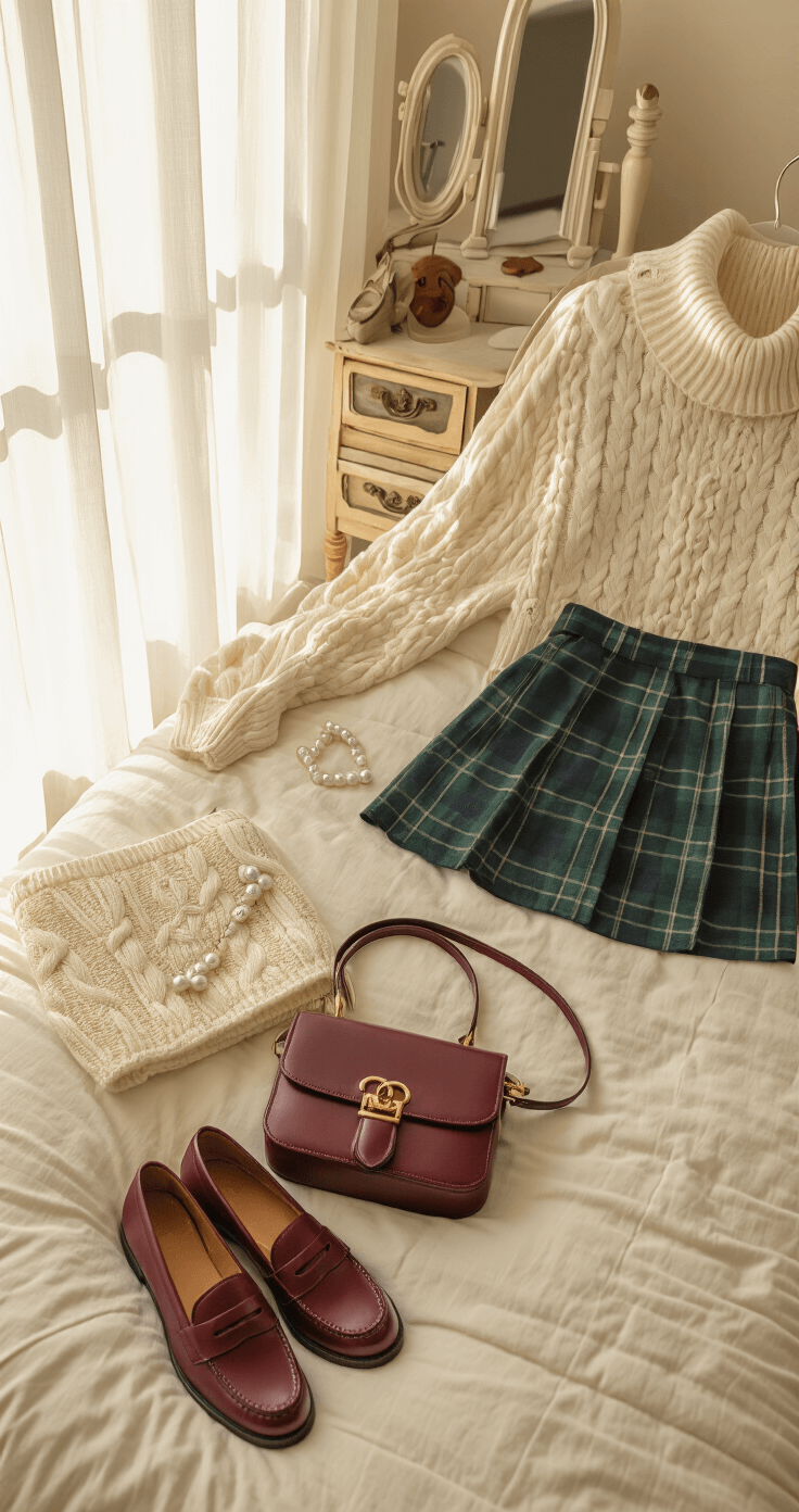 Cozy bedroom corner with vintage vanity, morning light through sheer curtains; outfit flat-lay on plush ivory bed featuring plaid mini skirt, cable-knit turtleneck, and burgundy loafers, with pearl hair clips and leather bag arranged artfully overhead.