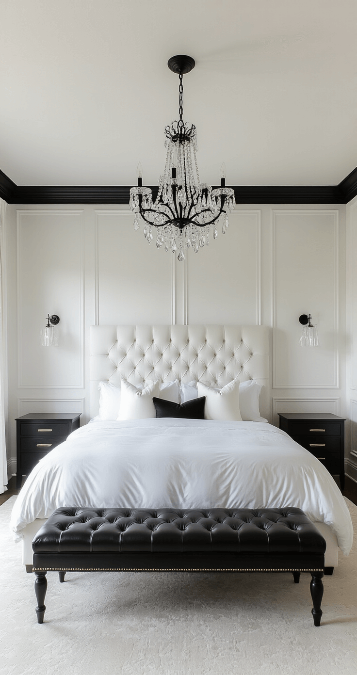 A luxurious 15x17ft bedroom with white paneled walls and black crown molding, featuring a tufted white headboard against a black grasscloth accent wall, illuminated by soft morning light. A crystal chandelier hangs over a king bed dressed in white silk, with a black leather bench at the foot of the bed, showcasing elegant architectural details.