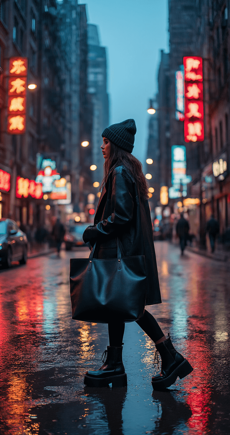 A rain-soaked city street at dusk, showcasing neon signs reflected in puddles. A person stands at eye level, wearing an oversized black leather tote bag, polished black chunky platform Chelsea boots, and an emerald green ribbed wool beanie. Streetlights illuminate the scene, highlighting the wet surfaces and urban surroundings.