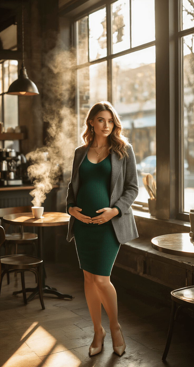 Pregnant model in an emerald green sweater dress and gray blazer sits in a chic urban coffee shop during golden hour, illuminated by large windows and professional lighting, with steam from a coffee cup adding depth to the scene.