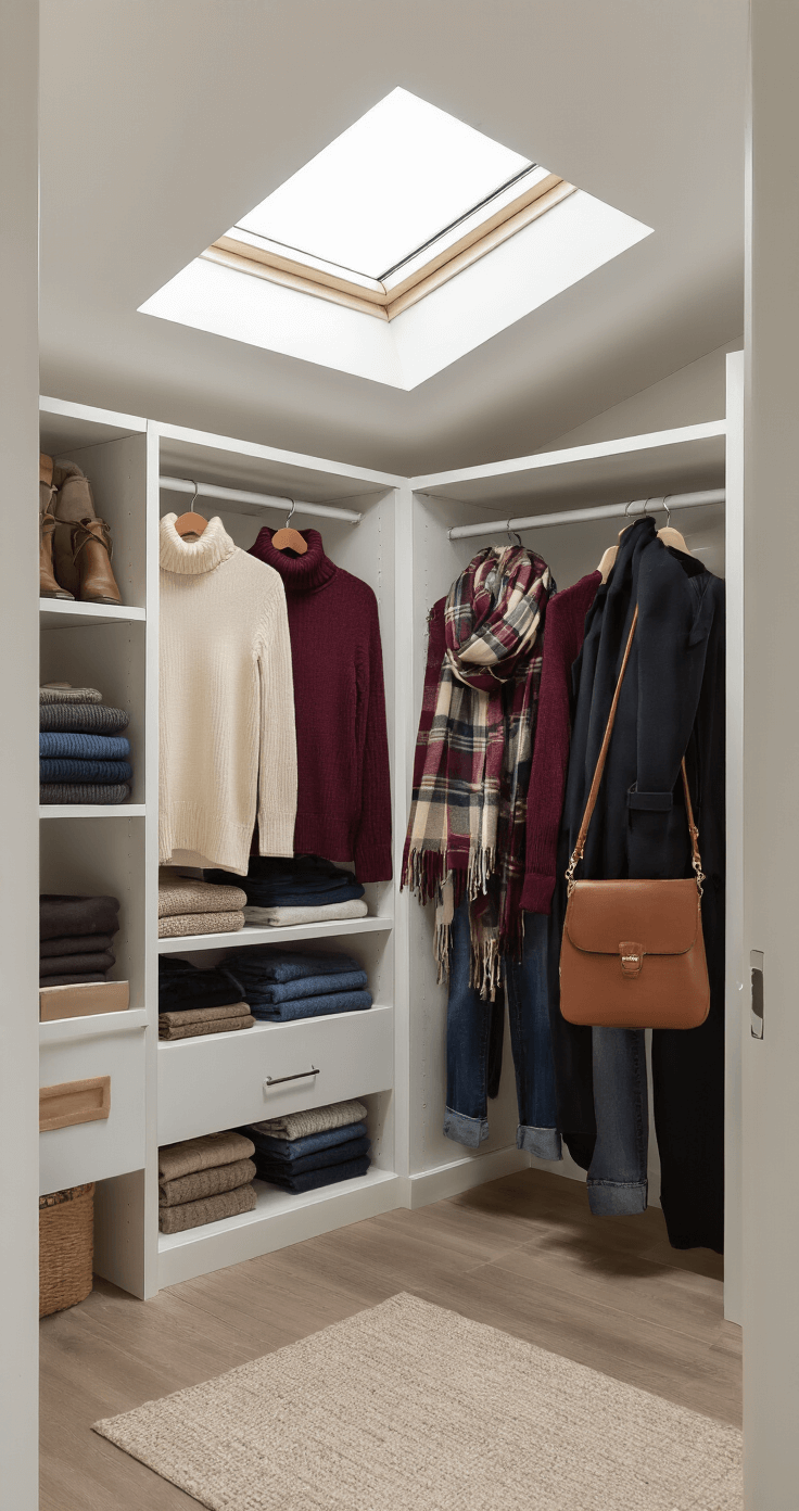 A minimalist walk-in closet featuring organized maternity wear, showcasing layered fall pieces including cream fitted base layers, burgundy and navy sweaters, plaid scarves, and a black maternity coat. Natural light from a skylight enhances the textures of soft knits, structured denim, and smooth leather accessories, captured from above to display the thoughtful arrangement.
