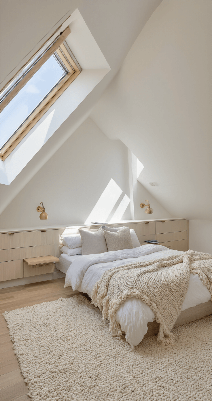 A sunlit attic bedroom featuring sloped ceilings, a queen bed with fluffy linens, floating nightstands, and pale wood built-in drawers, all bathed in morning light from skylights, highlighting a neutral palette and layering of textures.