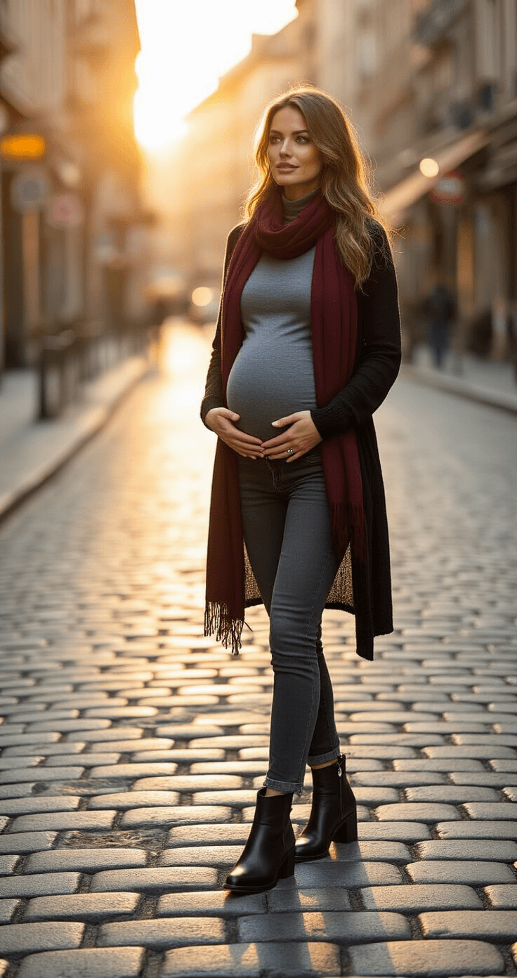 A pregnant model crossing a cobblestone street at sunset, wearing charcoal maternity jeans, a fitted gray turtleneck, a long black cardigan, and black leather Chelsea boots; a burgundy scarf adds color against a golden backlight, creating a cinematic silhouette.