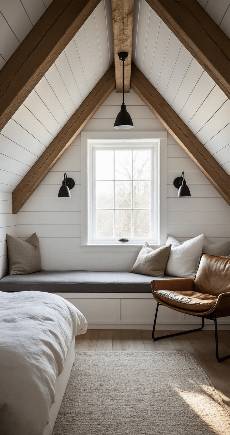 Cozy Scandinavian attic retreat featuring a low-profile platform bed and a leather reading chair, illuminated by warm afternoon light through a dormer window, with exposed wooden beams and shiplap walls in warm white.