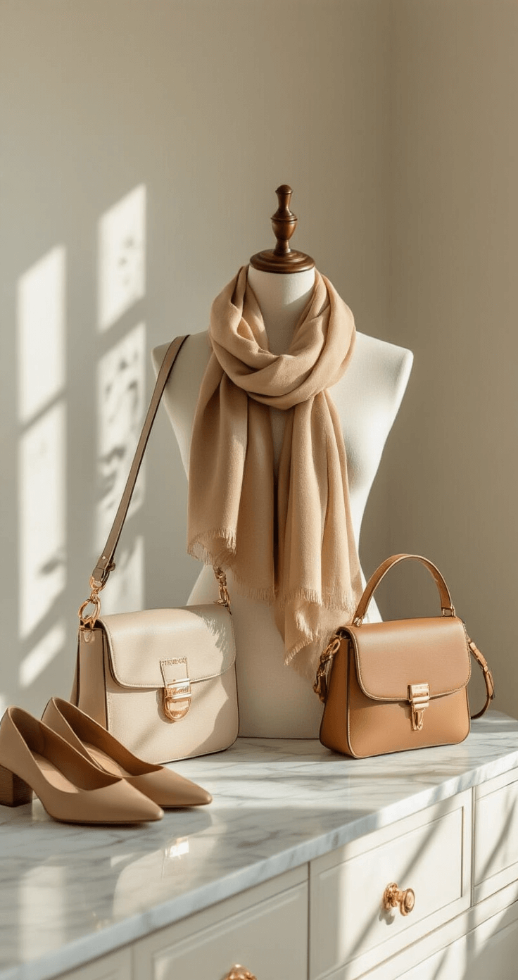 Bright and airy dressing room featuring marble accents, showcasing delicate gold hoop earrings, a camel scarf draped on a mannequin, neutral leather crossbody bags, and stylish footwear, all illuminated by morning light that highlights luxurious textures.