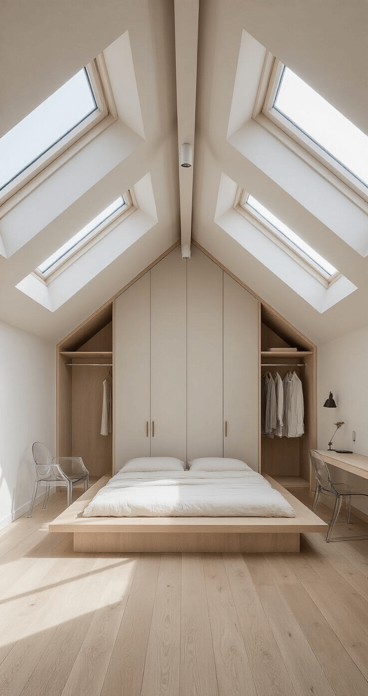 A modern minimalist attic sanctuary featuring asymmetrical ceiling lines, with diffused midday light from wall-to-wall skylights. A custom floating bed platform in bleached oak is centered beneath the highest point, while sleek built-in closets with hidden handles line one wall. A ghost chair and lucite desk are positioned in a windowed alcove. The space showcases smooth plastered walls, glass, and polished wood in a monochromatic palette of warm white and greige, capturing a clean contemporary mood from an elevated viewpoint.