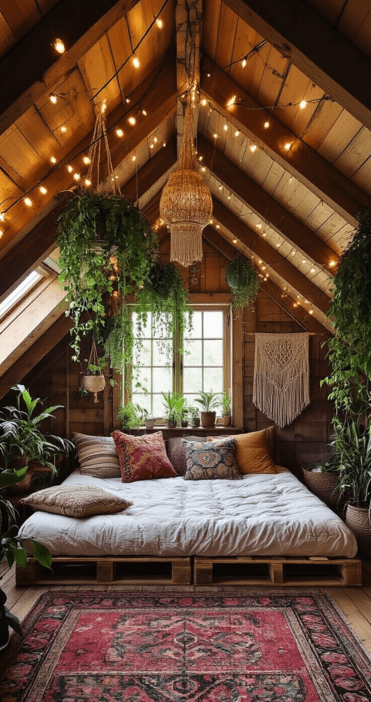 Cozy bohemian attic hideaway with a low mattress on wooden pallets, surrounded by vintage Moroccan rugs and floor cushions. Exposed rafters adorned with twinkling string lights and cascading hanging plants. Macramé wall hangings add texture, while rich jewel tones and earth accent colors create a warm, dreamy ambiance.