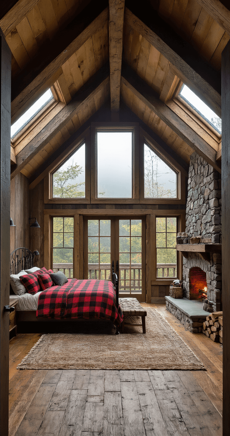 A rustic attic bedroom featuring a king bed with an iron frame, adorned in buffalo check and wool blankets, under a cathedral ceiling. Early morning mist filters through triple dormer windows, enhancing the moody atmosphere. A stone fireplace stacked with wood serves as a focal point, while rough-hewn beams and weathered wood echo the room's natural materials. The color palette includes forest greens, deep reds, and charcoal tones, contributing to the cozy, inviting environment. The image is captured from the doorway, showcasing the full depth of the room.