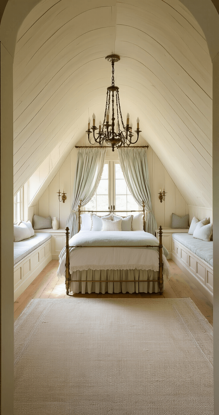 A cozy French country attic suite featuring elegant curved ceilings, afternoon light filtering through lace curtains, an antique brass bed flanked by built-in window seats, and vintage lighting, all in a soft color palette of cream, duck egg blue, and antique gold.