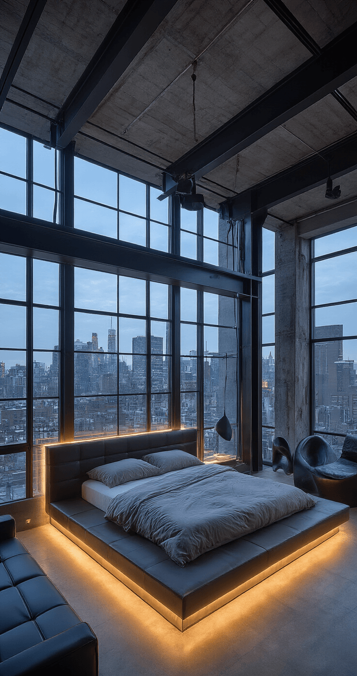Aerial view of a contemporary loft bedroom featuring industrial steel beams, floor-to-ceiling windows with city views, and a floating platform bed surrounded by modern furniture. Ambient LED strip lighting highlights the concrete, steel, and glass materials in cool grays and midnight blue, creating a dramatic urban atmosphere.