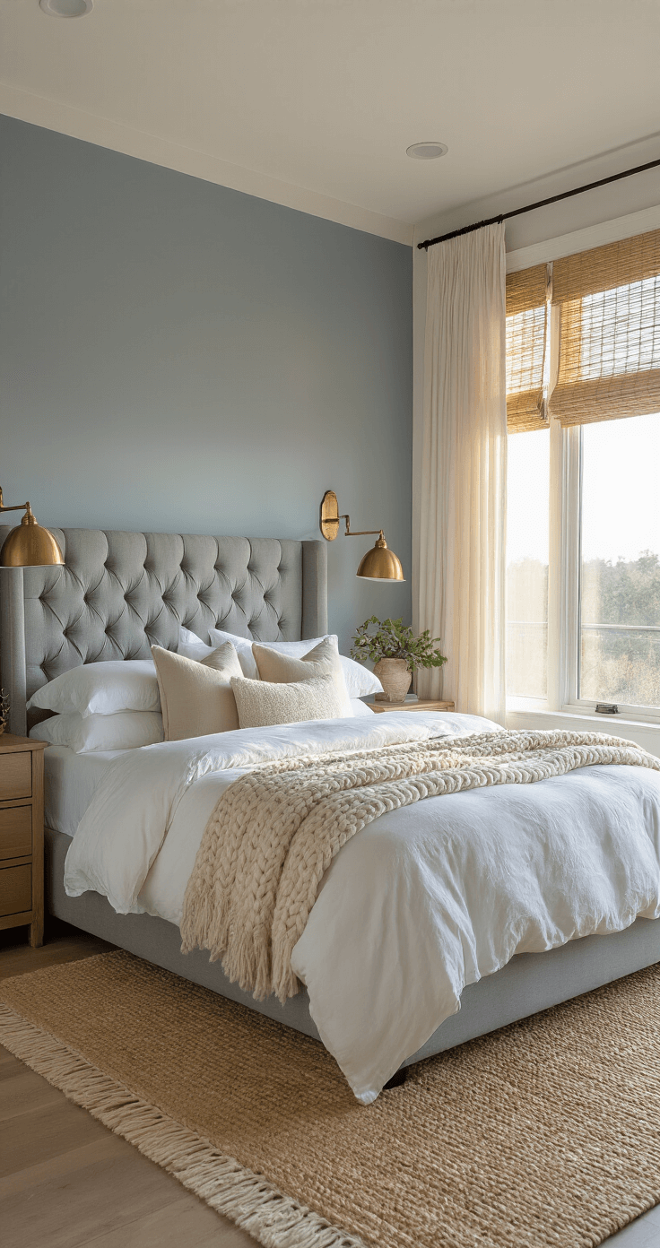 A serene bedroom with golden hour light, featuring blue-grey walls, a king-size bed with white and cream linens, vintage brass lamps, a tufted grey velvet headboard, a jute rug, woven bamboo blinds, and a chunky knit throw, all captured from the doorway with soft diffused lighting.