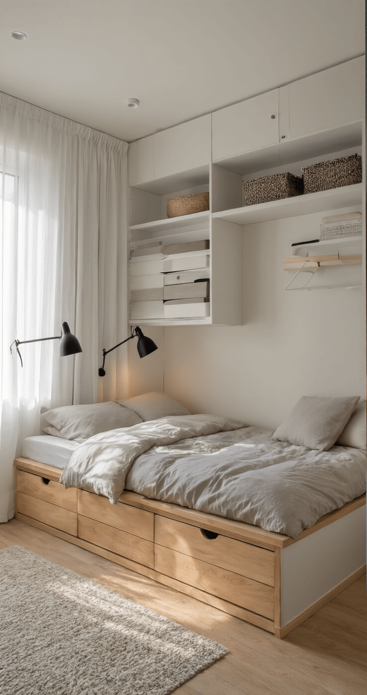 A compact 10x12ft bedroom with a platform bed featuring integrated drawers in blonde wood, floating nightstands, and wall-mounted matte black swing arm lamps, illuminated by morning light filtering through sheer white curtains. The vertical space is maximized with white floor-to-ceiling shelving, captured from a low angle to emphasize organization and light.
