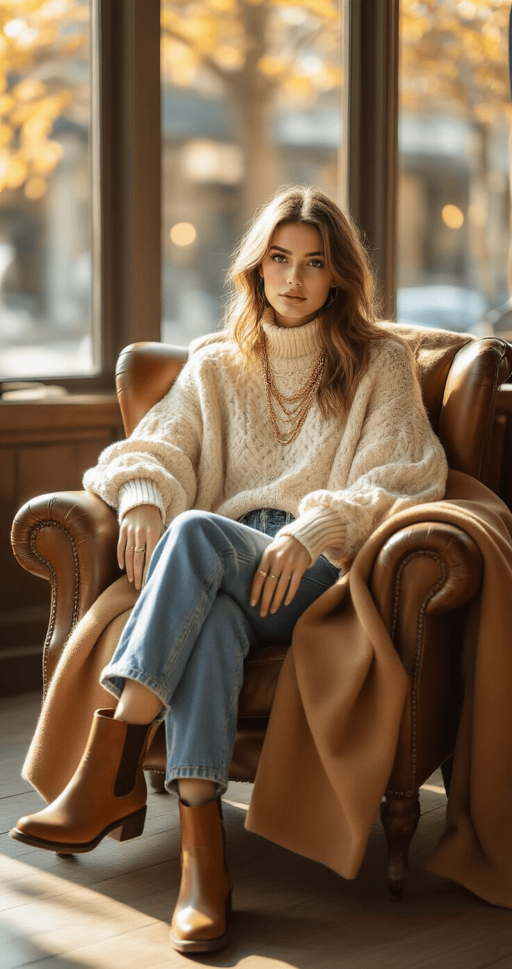 A fashion model lounges in a sunlit urban coffee shop, wearing high-waisted stretch denim and an oversized cream cable-knit sweater, with brown leather Chelsea boots partially visible. Delicate gold necklaces glimmer in the light, while a camel wool coat drapes over the arm of a leather chair. The warm colors of caramel, cream, and indigo enhance the cozy autumn atmosphere.